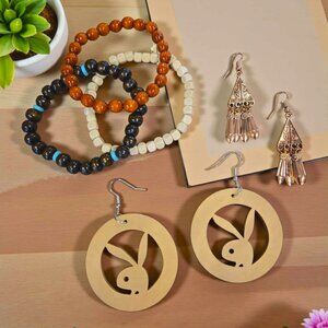 Wood Bunny Gold Tribal Dangles With Bracelets set